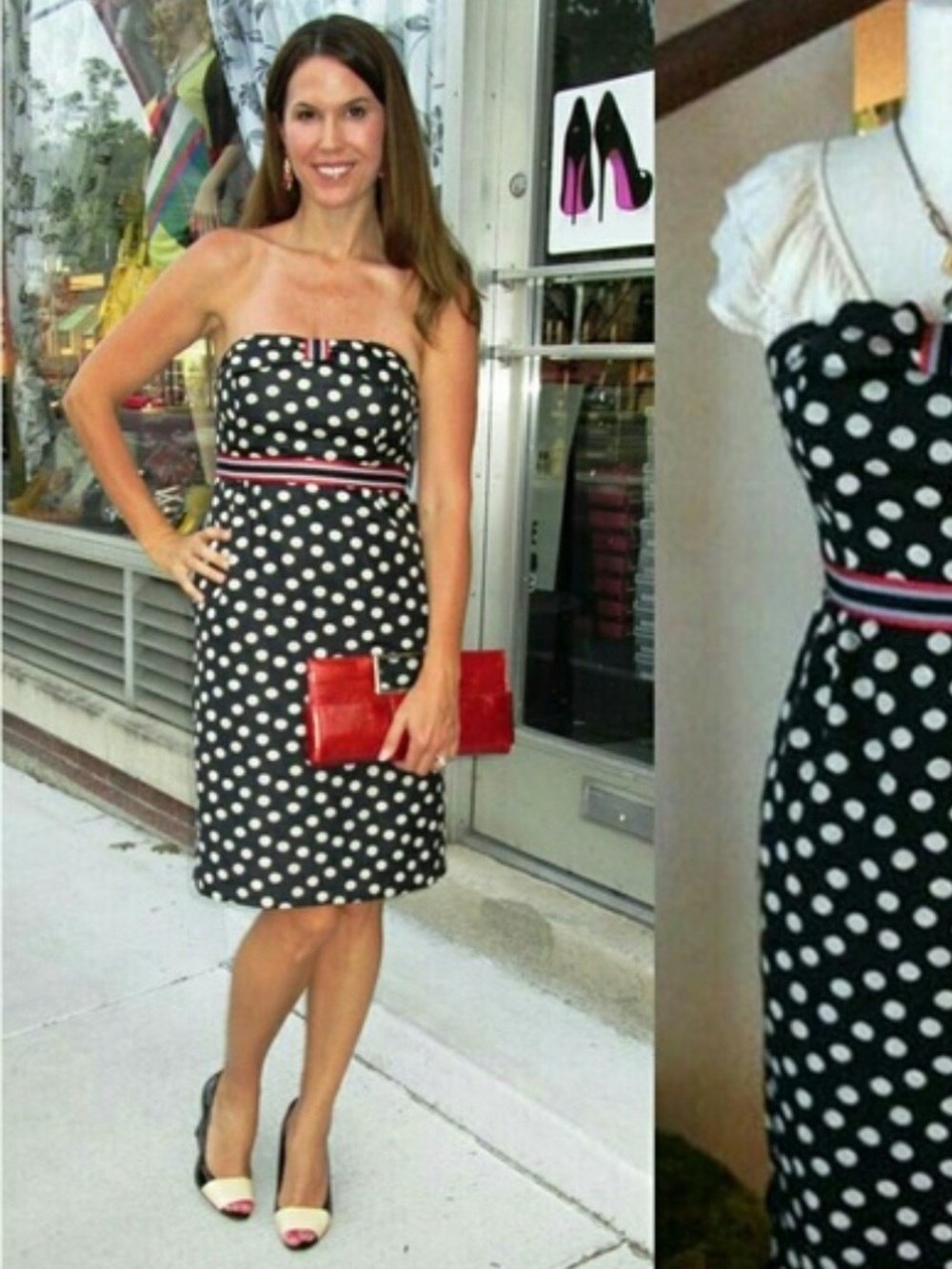 Maeve Black and White Polka Dot Midi Dress with Red Trim